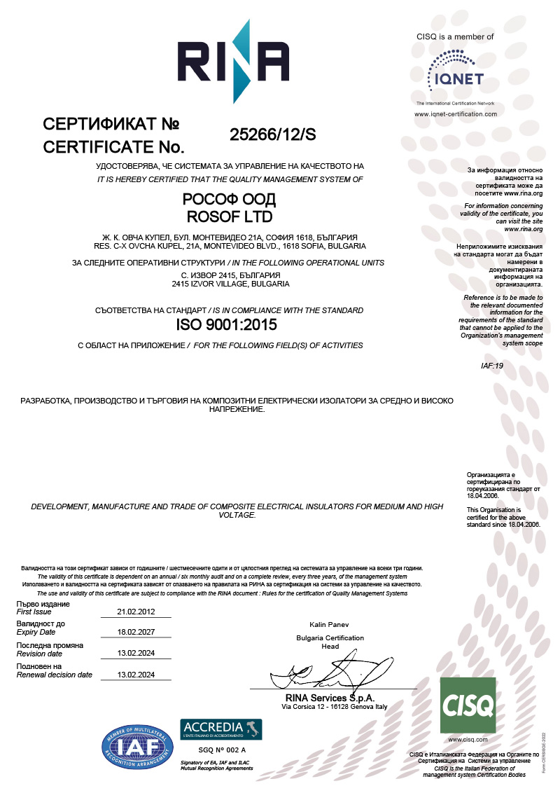 RINA ISO 9001:2008 Certificate